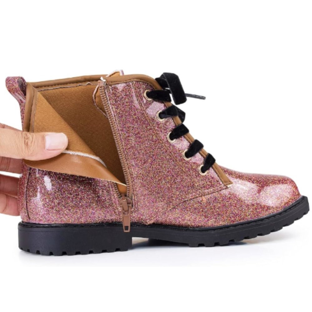 FITORY Kids Girls Brown Gypsophila Glitter Side Zipper Lace Up Ankle Boots US-12 - Picture 3 of 12